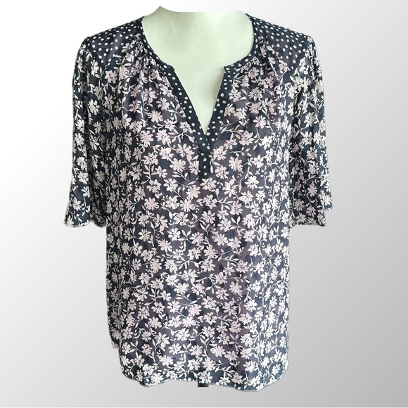 Rebecca Taylor‎ NWT navy/lilac floral short sleeve silk-blend blouse in size XL - Picture 1 of 12